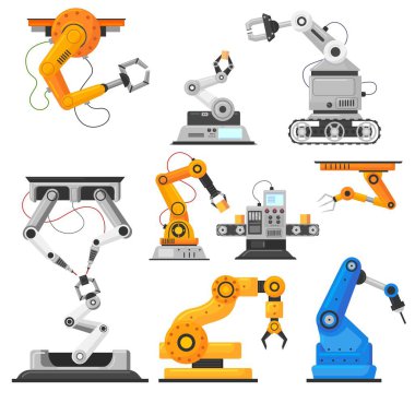 Endüstriyel otomatik silah koleksiyonu. Farklı boyutlarda ve amaçları olan robot pençeler, robotlarla üretim süreci. Makine ekipmanları, makineler, robotlar, otomasyon, üretim konsepti