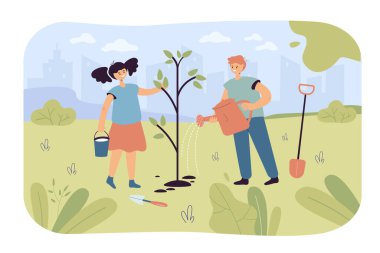 Çocuklar bahçeye ya da parka ağaç dikiyorlar. Çevreyi koruyan mutlu çizgi film karakterleri düz vektör çizimi. Pankart, web sitesi tasarımı veya iniş web sayfası için ekoloji, yeniden ağaçlandırma kavramı