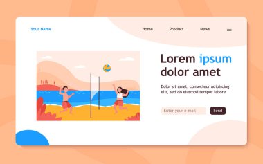 Çocuklar plaj voleybolu oynuyor. Göl, deniz kenarındaki çocuklar, maç. Düz vektör çizimi. Yaz tatili, çocukluk, pankart için spor etkinliği konsepti, web sitesi tasarımı veya iniş web sayfası