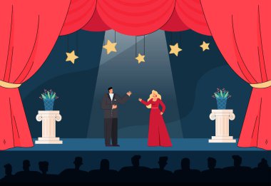 Erkek ve kadın sanatçılar seyircilerin önünde sahnede oynuyorlar. Gece elbisesi içinde çizgi film sanatçıları dram şarkısı düz vektör çizimi söylüyorlar. Tiyatro, opera, orkestra, müzik konsepti