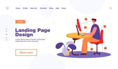 Masa düz vektör çizimi için doğru konumu gösteren bir adam. Çizgi filmci sandalyede oturup bilgisayar kullanıyor. Ofiste ergonomik çalışma ve sağlıklı duruş konsepti