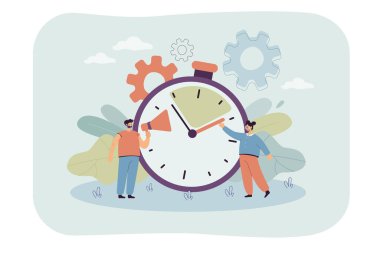 Megafonlu bir adam ve saat başı el ele tutuşan bir kadın. Spor ya da yarışma yorumcusu eğitimi, hızlı tepki, düz zamanlayıcı illüstrasyonu. Son teslim tarihi, pankart için zaman yönetimi kavramı, web sitesi tasarımı