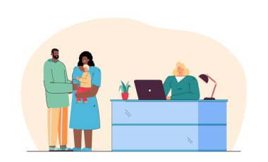 Evlatlık ajansında evlat edinen evli bir çift. Dizüstü bilgisayarı olan kadın resepsiyonist, beyaz çocuk düz vektör resimli siyah erkek ve kadın. Evlat edinme, sancak için aile kavramı