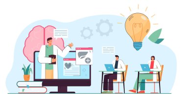 İnternet platformunda Webinar izleyen tıp uzmanları. Sanal sınıf düz vektör illüstrasyonu olan insanlar. Çevrimiçi eğitim, pankart, web sitesi tasarımı veya iniş sayfası için tıp konsepti