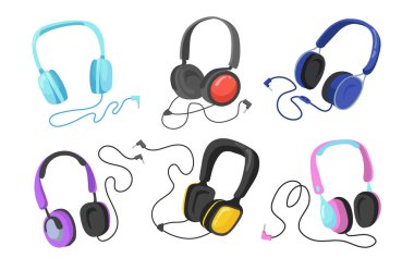 Modern kulaklıklar düz çizim seti. Çizgi film kulaklıkları ve kulaklıklar müzik dinlemek için izole edilmiş vektör illüstrasyon koleksiyonu. Eğlence ve aksesuar kavramı