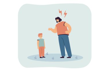 Mother reproaching upset kid flat vector illustration. Angry woman punishing naughty son, scolding child. Family, conflict, parenting, argument, violence concept for banner design or landing page clipart
