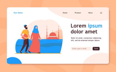 Müslümanlar camiye gidiyor. İslam, tesettür, düz vektör illüstrasyonuna tapmak. Sancak, web sitesi tasarımı veya iniş web sayfası için din ve gelenek kavramı