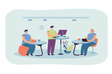Ergonomik işyerlerinde çalışan ofis çalışanları, fitness topunun üzerinde oturmak ya da masa başında durup bilgisayar kullanmak. Modern ofis mobilyaları için vektör illüstrasyonu, çağdaş çalışma alanı kavramı