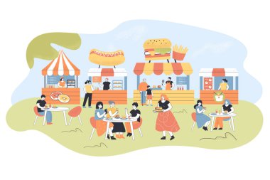 Yemek katında yemek yiyen insanlar. Düz vektör çizimi. Çizgi film karakterleri arkadaşlarıyla vakit geçirir, farklı fast food, pizza, hamburger, Çin yemeği alırlar. Fast food, kafe, aile, hafta sonu konsepti