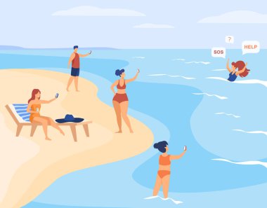 Kumsaldaki insanlar boğulan kadını vuruyor. Deniz, akıllı telefon, internet düz vektör çizimi. Sancak, web sitesi tasarımı veya iniş sayfası için zulüm ve dijital çağ kavramı