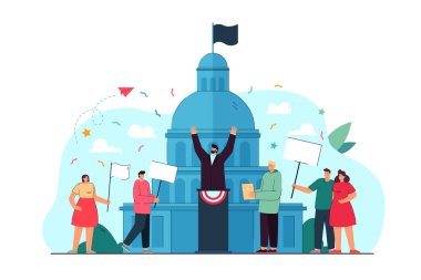İnsanlar politik olaylarda düz vektör çizimine katılıyorlar. Demokratik seçim kampanyası, meclis başkanı, hükümet binasında oy kullananlar. Siyaset, demokrasi, seçim kavramı