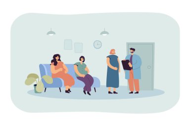 Hastanede ya da klinikte bekleyen hamile kadınlar. Doktor, dişilerle bebek bedeni çiziminin sağlığından bahsediyor. Hamilelik, afiş, web sitesi tasarımı veya iniş sayfası için annelik kavramı