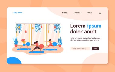 Hamile kadınlar büyük toplarla egzersiz yapıyor. Spor salonu, yoga, hamilelik düz vektör çizimi. Pankart, web sitesi tasarımı veya iniş web sayfası için sağlık ve spor etkinliği kavramı