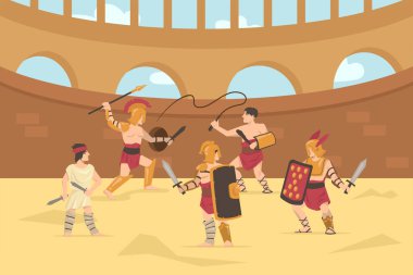 Romalı zırhlı askerler kılıçlarla, mızraklarla ve kırbaçlarla savaşıyor. Çizgi film vektör çizimi. Antik Roma, Yunanistan 'daki Colosseum savaş alanında gladyatör savaşıyor. Antik tarih, kültür, savaş kavramı