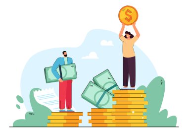 Kadın ve erkek iş karakterleri arasındaki maaş farkı. Erkek, düz vektör çiziminde daha yüksek madeni paraların üzerinde duran kadına bakıyor. Cinsiyet eşitliği, afiş veya iniş sayfası için finansman kavramı