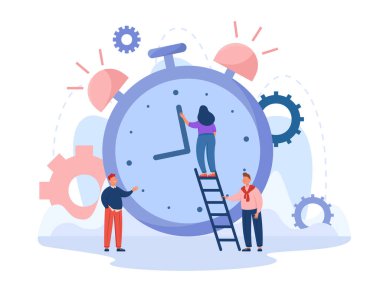 Okul çocukları saat başı çalar saat taşıyor. Merdivenlerde duran kız kronometre düz vektör illüstrasyonunu düzeltiyor, erkek merdivenleri tutuyor. Zaman, sabah erken, takım, geri sayım konsepti