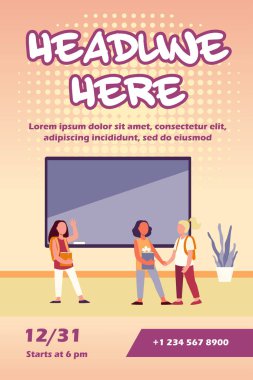 Öğrenci kızlar sınıfta buluşuyor. Bir grup arkadaş, el ele tutuşan sınıf arkadaşları, merhaba düz vektör çizimi. İletişim, sancak için arkadaşlık kavramı, web sitesi tasarımı veya iniş web sayfası