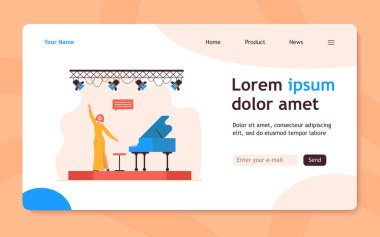 Şarkıcı sahnede çalıyor. Şarkı söyleyen kadın, vokalist, harika piyano. Düz vektör çizimi. Performans, eğlence, pankart, web sitesi tasarımı veya iniş web sayfası için müzikal şov konsepti
