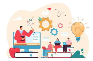 Bilgisayarda giyinen öğrenciler internetten ders çalışıyor. Öğretmen izleyicilere video dersi veriyor. Uzaklık eğitimi, öğrenme kursu, mesafe ders kavramı için vektör illüstrasyonu