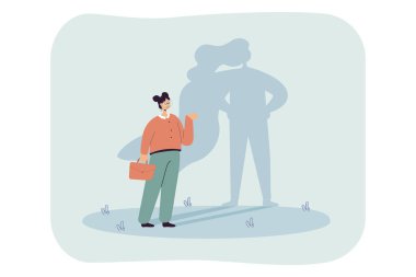 Süper kahraman gölgesi olan başarılı bir karikatür kadını. Güçlü ve cesur kadın iş adamı düz vektör çizimi. Feminizm, liderlik, bayrak, web sitesi tasarımı veya iniş web sayfası için cesaret kavramı