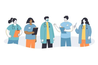 Çizgi film hastanesi ekibi ya da maskeli klinik personeli. Üniformalı kadın ve erkek doktorlar, hemşireler, tıbbi profesyoneller düz vektör çizimi. Sağlık, sağlık, tıp, meslek kavramı