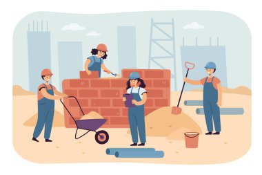 İnşaatçı olarak çalışan mutlu çocuklar takımı. Düz vektör çizimi. İnşaat işlerinde çalışan kızlar ve erkekler inşaat alanında duvar örüyorlar. Ev, bina, oyun, meslek konsepti