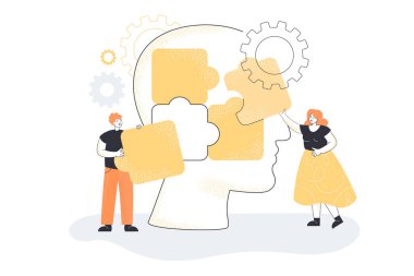 Yapboz parçalarını bir araya getiren bir grup insan. Erkek ve kadın düz vektör çizimi yaratıyorlar. Ruh sağlığı, psikolojik yardım, destek, ortaklık, liderlik kavramı