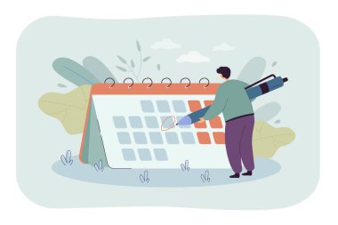 Dev takvim vektör çiziminin önündeki ufak tefek adam. Dev kalemle planlanan tarihin altını çizen kişi. Olaylar, gündemler, son teslim tarihleri kontrol. Planlama, zaman yönetimi kavramı