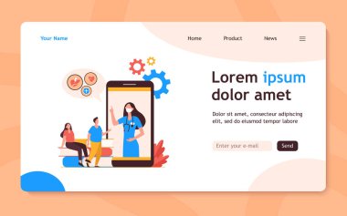 Doktor tavsiyelerini cep telefonundan dinleyen ufak tefek insanlar. Sağlık, kitap, akıllı telefon düz vektör çizimi. Pankart, web sitesi tasarımı veya iniş web sayfası için tıp ve dijital teknoloji kavramı