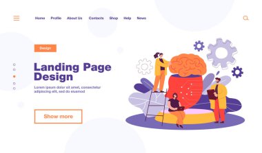 Küçük insanlar yapay zeka düz vektör illüstrasyonunu öğreniyorlar. Çizgi film bilim adamları sinirsel ağlı dev bir beynin yanında duruyorlar. Veri bilimi, bilgisayar ve makine teknolojisi kavramı