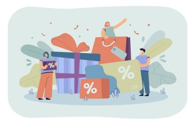 Mağaza sadakat programı sırasında alışveriş yapan küçük insanlar düz vektör çizimlerini izole ettiler. Çizgi film karakterleri ürün satın alıyor ve bonus programında hediyeler alıyorlar. Promosyon ve ödül konsepti