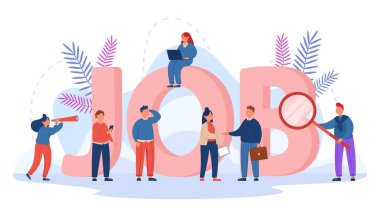 İş fırsatları arayan küçük insanlar. Şirket yöneticisiyle görüşme, arka plandaki düz vektör illüstrasyonunda kelime işi. Web sitesi tasarımı ya da iniş sayfası için istihdam, İK kavramı