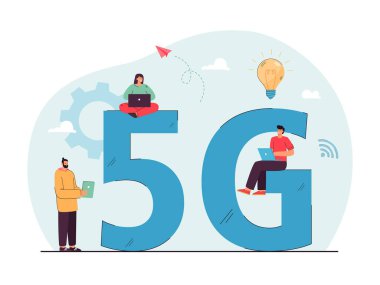 Süper hızlı internet kullanan küçük insanlar. Laptopları ve tabletleri olan erkekler ve kadınlar 5G ağı kullanıyor, çevrimiçi iletişim kuruyorlar. Sancak, web sitesi tasarımı veya iniş web sayfası için modern teknoloji kavramı
