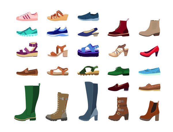 Creative female footwear flat pictures set for web design. Cartoon stylish seasonal summer sandals and autumn boots, running sneakers isolated vector illustrations. Fashion and shoes concept