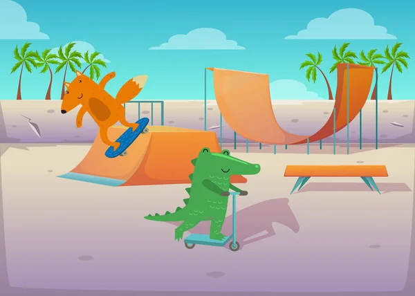 Animales Lindos Transporte Skate Park Ilustración Cocodrilo Feliz Montar Patinete — Vector de stock