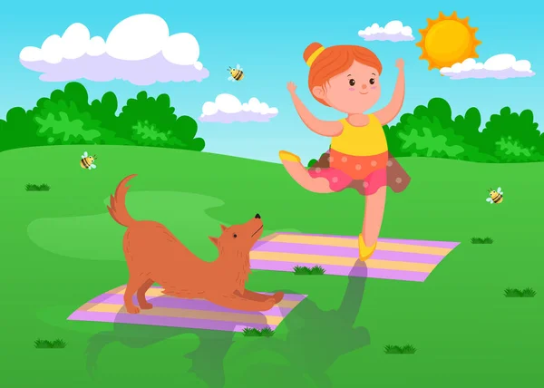 Linda Chica Dibujos Animados Haciendo Yoga Con Perro Aire Libre — Vector de stock