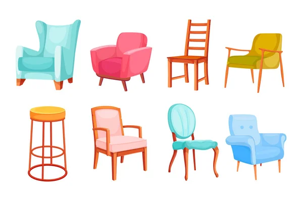 Różne Kolorowe Krzesła Fotele Wektor Ilustracji Zestaw Luksusowe Puste Meble — Wektor stockowy