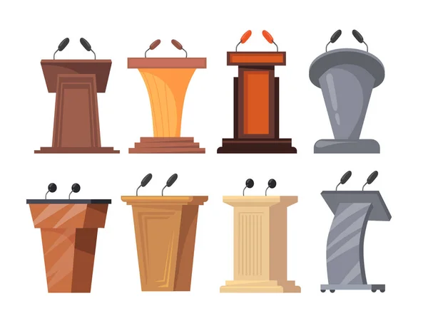 Different Tribunes Microphones Vector Illustrations Set Wooden Steel Podiums Platforms — Stock Vector