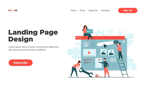 Equipe Marketing Digital Construindo Landing Page Home Page Pessoas Minúsculas —  Vetores de Stock