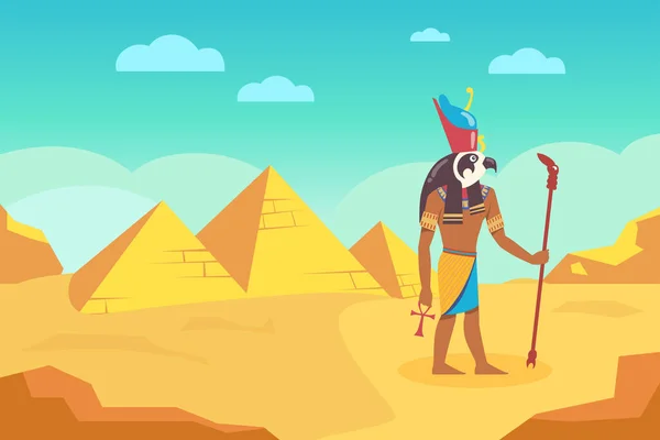 Egyptisk Gud Med Promenadkäpp Omgiven Antika Pyramider Tecknad Vektor Illustration — Stock vektor