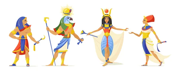 이집트 영웅들 파라오 클레오파트라의 인물들은 흰색으로 분리되어 있습니다 이집트 개념을 — 스톡 벡터