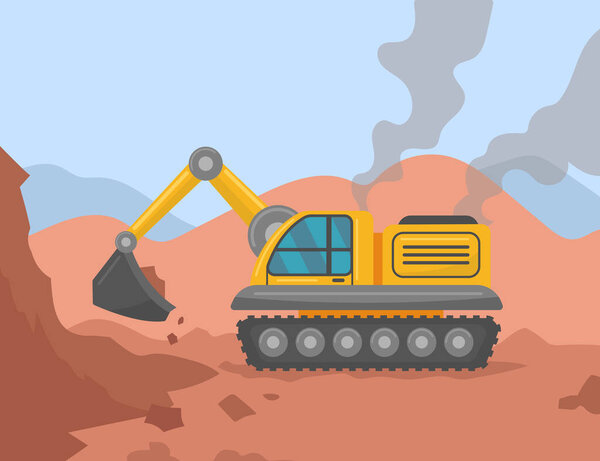 Excavator digging ground on construction site illustration. Heavy yellow construction machinery doing earthwork. Industry, construction, transportation concept