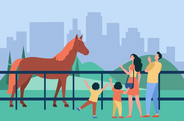 Οικογένεια Ψάχνει Για Άλογο Στο Πάρκο Της Πόλης Γονείς Και — Διανυσματικό Αρχείο