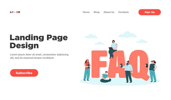 よくある質問フラットベクトルイラスト 巨大な文字の近くの小さなユーザーは 質問をし 答えを得る 問題解決のための指示 ユーザーに役立つ情報を提供します オンラインサポートの概念 — ストックベクタ