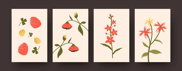 パステルカラーで描かれた花や果実のイラスト はがき 招待状カードのデザインのためのイチゴと花の要素を熟す 花と花のコンセプト — ストックベクタ
