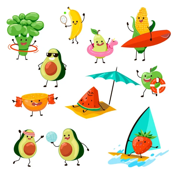 Personajes Frutas Que Divierten Ilustraciones Vectoriales Playa Conjunto Lindo Windsurf — Vector de stock