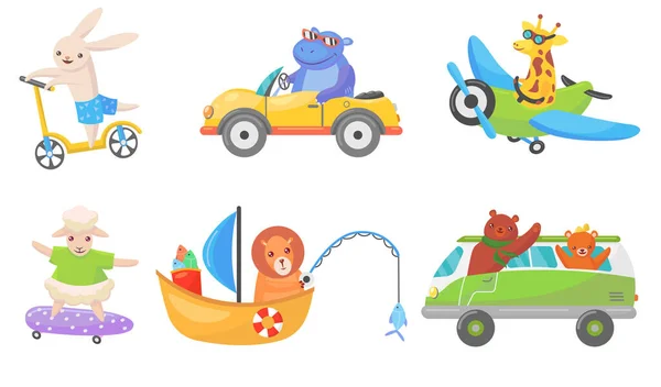 Vtipná Zvířata Transportu Ploché Maskoty Set Pro Web Design Cartoon — Stockový vektor