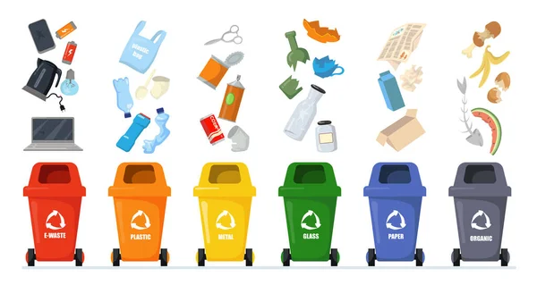 Çöp ayıklama seti. E-atık, plastik, metal, cam, kağıt ve organik çöp için geri dönüşüm sembolleri olan kutular. Sıfır atık için vektör illüstrasyonu, çevre koruma kavramı