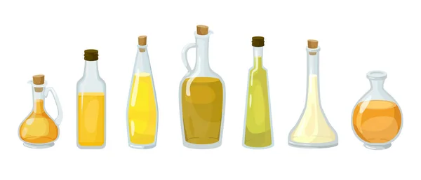 不同类型的油的玻璃瓶 冷压制椰子 油菜籽 橄榄和麻油烹饪卡通插图设置白色背景 厨房的概念 — 图库矢量图片