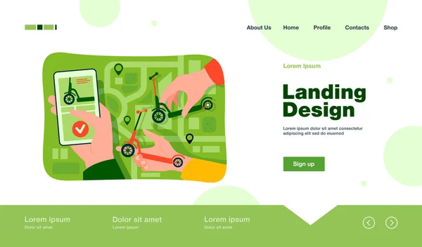 Mano Della Persona Che Utilizza Scooter Noleggio Condivisione App Con — Vettoriale Stock